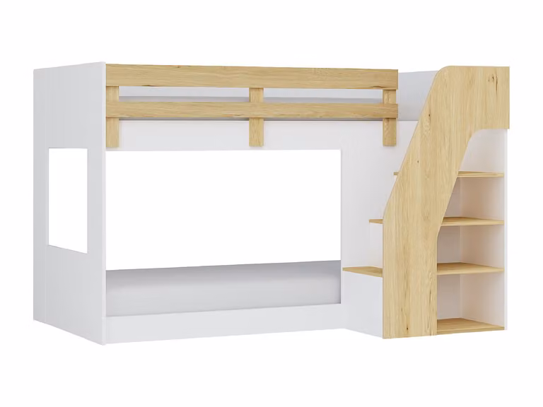 Litera de dos niveles NAROJAS con compartimentos laterales y escaleras, color blanco y beige, An/P/Al: 90 x 190 cm