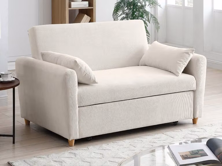 Sofá cama de 2 plazas Ayla en pana beige con estructura de madera sólida y función de cama de 140 x 190 cm