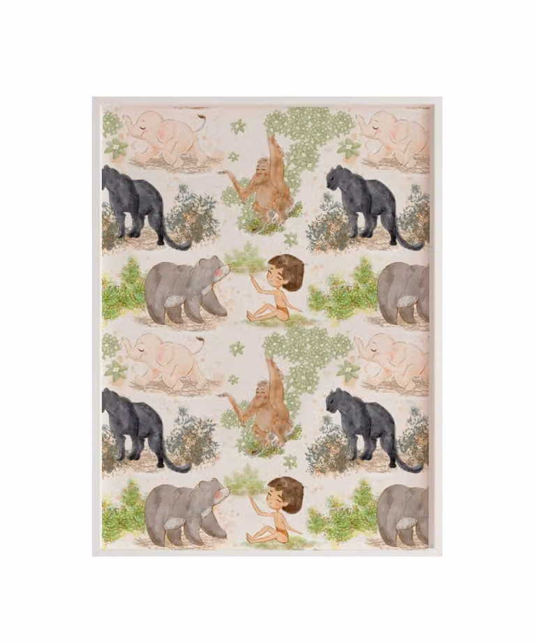 Lámina de ilustración de selva y animales de Crochetts con marco de madera blanca, An/Al: 43 x 33 cm