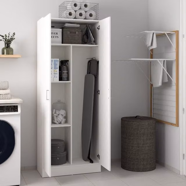 Armario multiusos de 2 puertas Abadubidu en color blanco, mueble para escobas y zapatero con estantes, An: 73 cm, P: 37 cm, Al: 180 cm