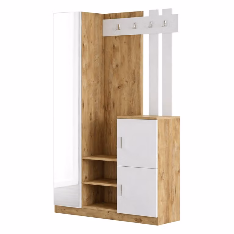 Mueble de entrada multifunción Dmora con perchero y almacenamiento, diseño moderno en roble y blanco, An/P/Al: 114 x 37,5 x 179,7 cm