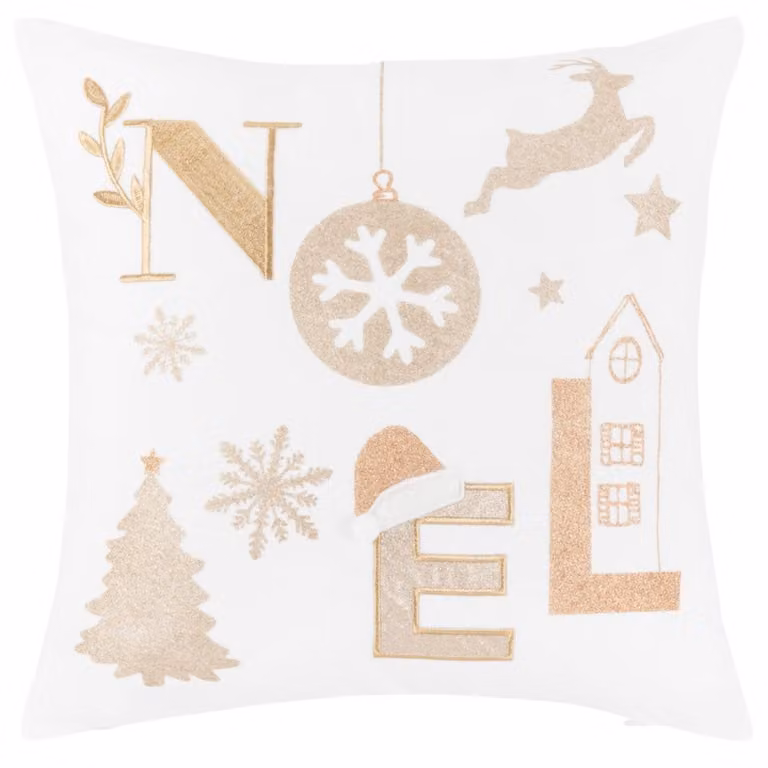 Funda de cojín cuadrada de Maison du Monde en blanco y dorado con diseño gráfico navideño, An/An/Al: 40 x 40 x 40 cm