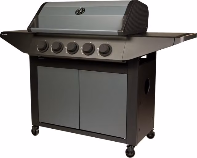 Barbacoa de gas Burn 80 Premium de Maestro Ferretero con 5 quemadores, plancha y parrillas de hierro fundido esmaltado, 14 kW, An/P/Al: 152 x 60 x 112 cm