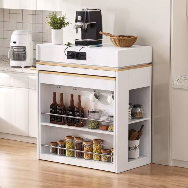 Isla de cocina con mesa extensible DREAMMESPACE en color blanco con superficie de cristal y espacio de almacenamiento, An/P/Al: 83-146,5 x 46 x 96 cm