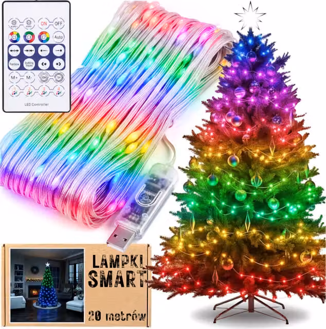 Luces LED Inteligentes para Árbol de Navidad More&deco Multicolor con Control Remoto y Conexión USB, 200 LED, 20 m