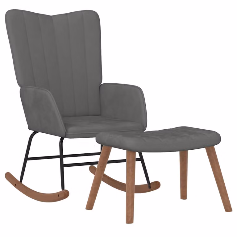 Silla mecedora relax con reposapiés vidaXL en terciopelo gris oscuro con estructura de madera y metal