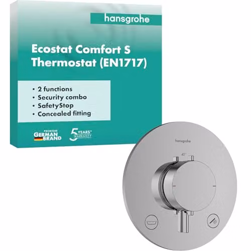Termostato de ducha empotrado Hansgrohe Ecostat Comfort S en acabado cromado con SafetyStop y dos salidas