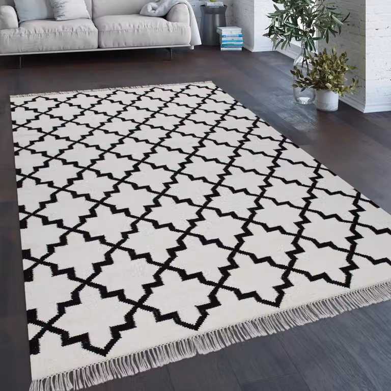 Alfombra Paco Home de diseño marroquí con flecos, tejida a mano en algodón y lana, color blanco, An/P: 60 x 110 cm
