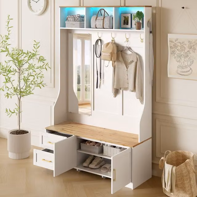 Mueble de recibidor MODENVIE con banco, espejo, iluminación LED, ganchos, puertas y cajones en blanco y madera, An/P/Al: 120 x 40 x 187 cm