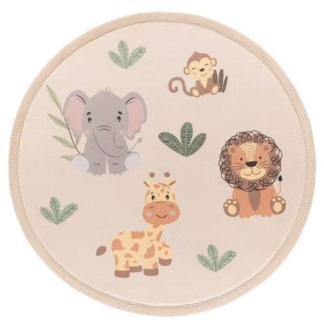 Alfombra infantil lavable Emilio beige de forma redonda con diseño de animal de 120 cm de diámetro