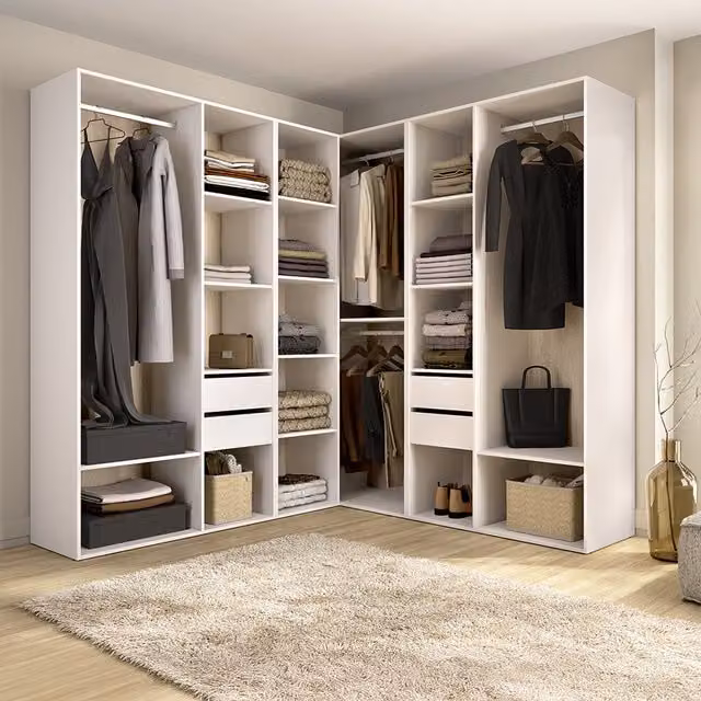 Armario modular DMORA para dormitorio con puertas correderas, estantes internos, barra de colgar y cajones integrados, color blanco y roble, An/Al: 186 x 205 cm
