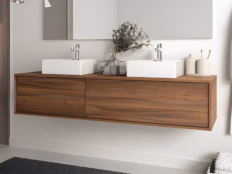 Mueble de baño flotante de doble lavabo con cajones y puertas en color marrón y blanco, An/P/Al: 150 x 47 x 41 cm