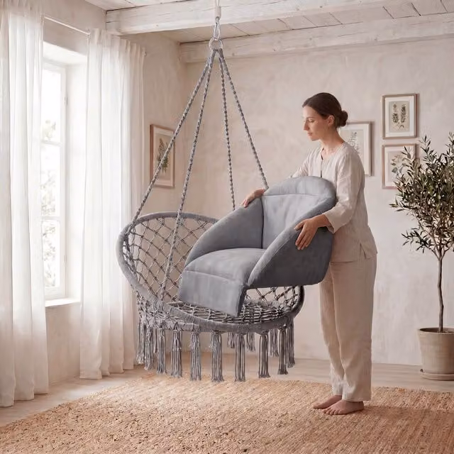 Silla colgante TecTake estilo boho con cojines en gris para jardín o salón, An/P/Al: 160 x 80 x 81 cm