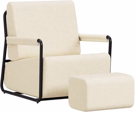 Poltrona relax SoBuy con reposapiés en terciopelo blanco crema y estructura de acero negro, An/P/Al: 59.5 x 74 x 78 cm