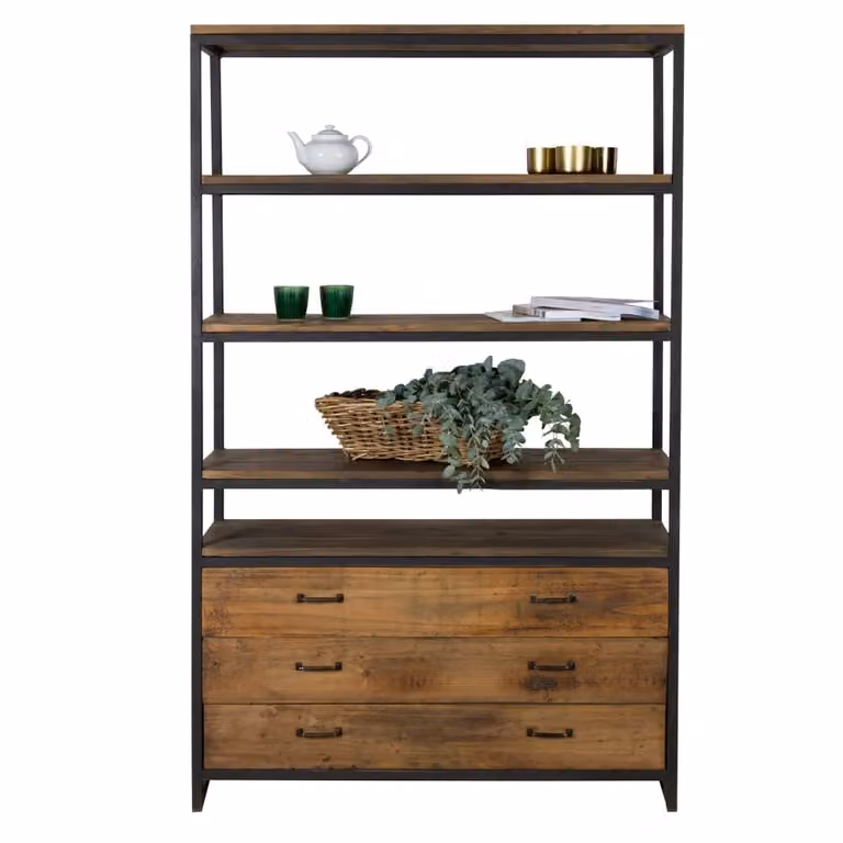 Librería moderna de MAISON PAVANE fabricada en madera recuperada y metal de color marrón con 4 estantes y 3 cajones An/P/Al: 120 x 40 x 198 cm