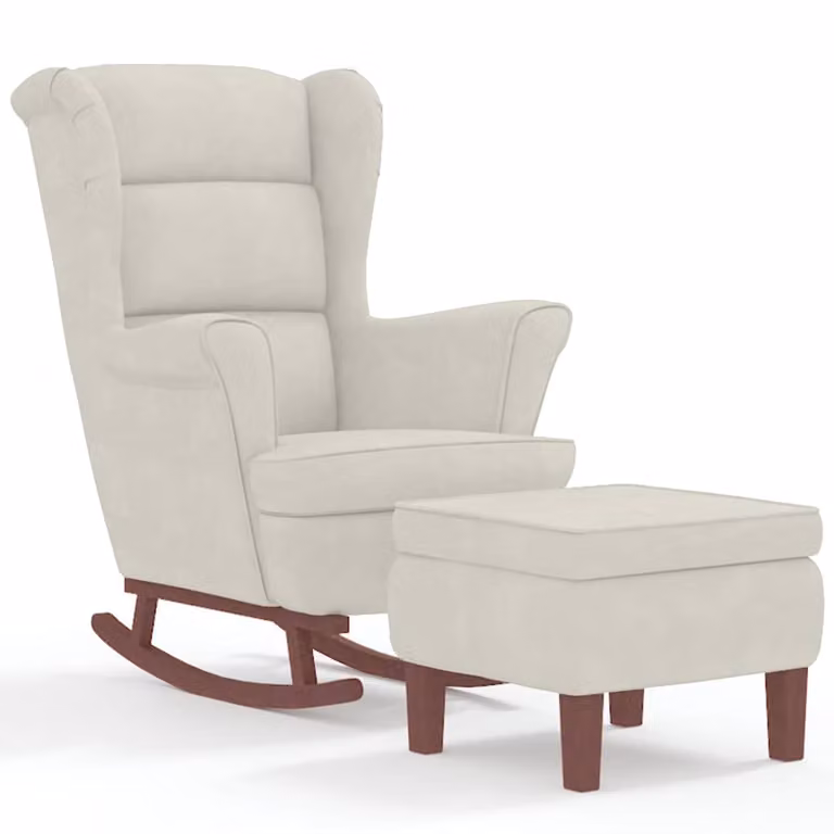 Mecedora con respaldo alto de terciopelo beige y estructura de madera maciza vidaXL con otomana incluida