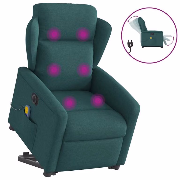 Sillón de masaje eléctrico reclinable y elevable vidaXL en tela verde oscuro con reposabrazos