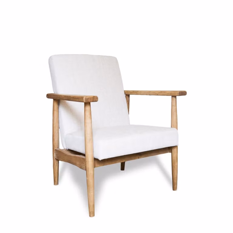 Sillón clásico de madera con estructura de madera maciza y tapizado de tela en color marrón y beige para salón con reposabrazos