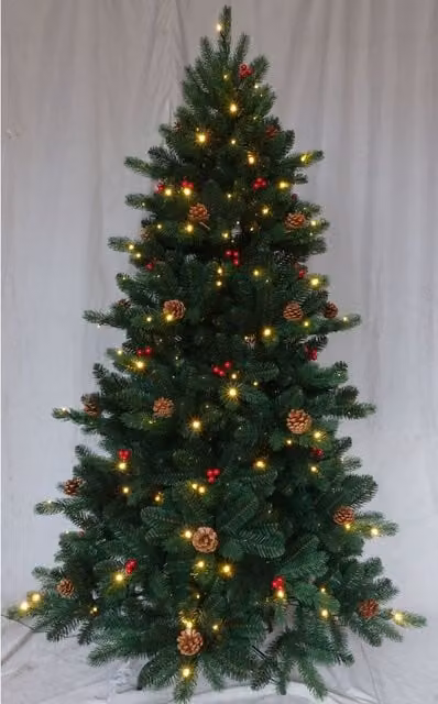 Árbol de Navidad LED F-BRIGHT de 240 cm con luces blanco cálido y decoración en rojo y verde
