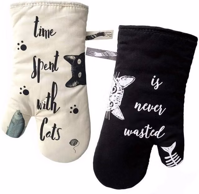 Guantes de cocina y manoplas para horno resistentes al calor LIIYIELA de algodón en color blanco y negro con diseño de gatos para adultos