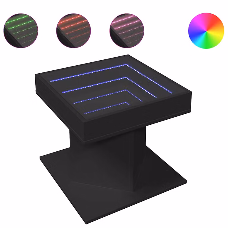 Mesa de centro moderna vidaXL con luz LED en madera de ingeniería negra, An/P/Al: 50 x 50 x 45 cm