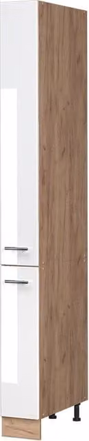 Mueble de botica Vicco Fame-Line para cocina en blanco alto brillo y roble dorado con puertas batientes
