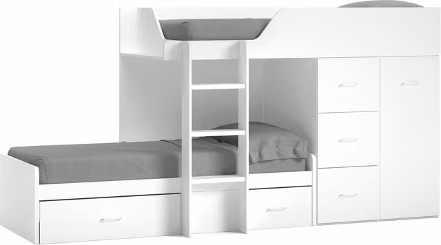 Cama tren izquierda con armario y cajones Noel de El Corte Inglés en color blanco para niños de 90 x 190 cm