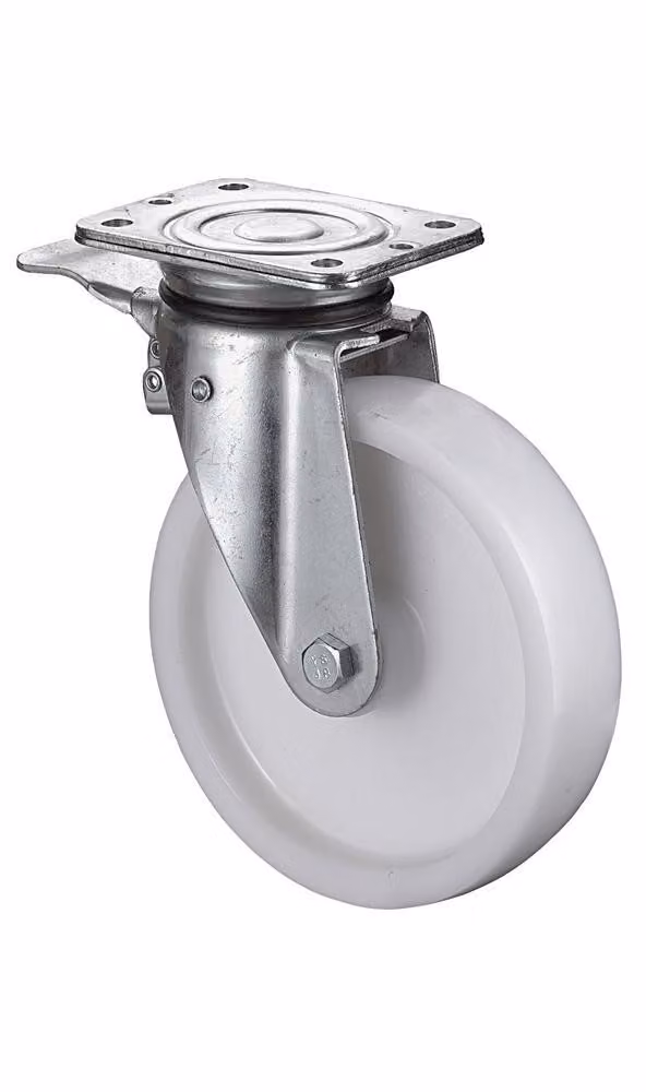 Rodillo giratorio con freno Bs Rollen LB520.B10.101 de poliamida blanca, capacidad de carga de 350 kg, diámetro de rueda: 100 mm, placa de montaje: 10,5 x 8,5 cm