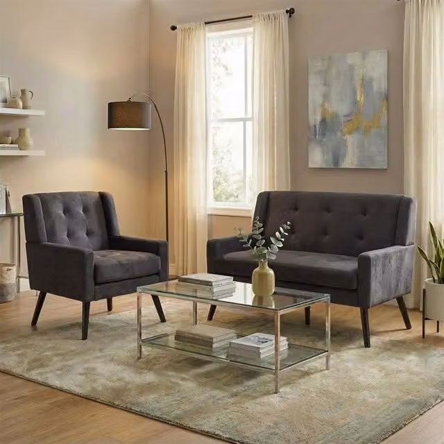 Conjunto de 2 piezas HAUSS SPOLE con sofá de 2 plazas y sillón tapizados en tela gris con patas de madera y relleno de espuma