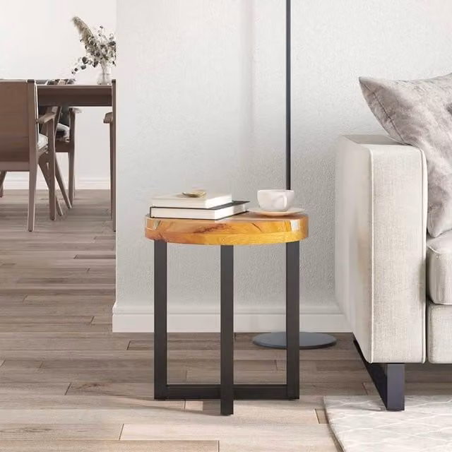 Mesa de centro redonda SYFAX de madera de teca y mango con acabado lacado en marrón y negro, estilo rústico, An/P/Al: 45 x 40 x 40 cm
