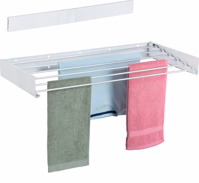 Tendedero de pared plegable Relaxdays de acero y aluminio, blanco, An/P/Al: 100 x 50 x 15 cm