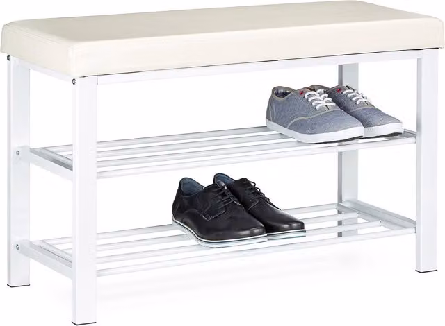 Banco zapatero Relaxdays con asiento de polipiel y 2 estantes metálicos, blanco, An/P/Al: 81 x 49 x 31 cm