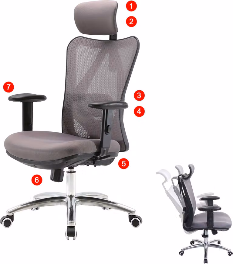 Silla de oficina ergonómica Mendler con reposacabezas, giro de 360 grados y soporte lumbar, color gris