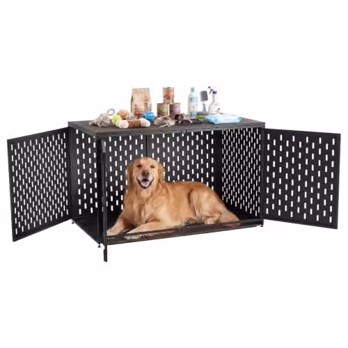 Jaula para perros VEVOR de metal negro mate con mesa lateral y bandeja extraíble para perros pequeños y medianos, Largo: 122 cm