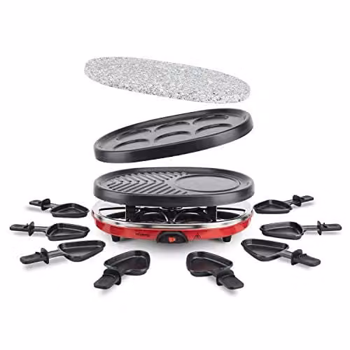 Set de Raclette Multifunción H.Koenig RP412 para 8 Personas, 4 en 1 con Plancha de Piedra Natural, Grill y Crepera, 900 W, Rojo y Negro, Acero Inoxidable