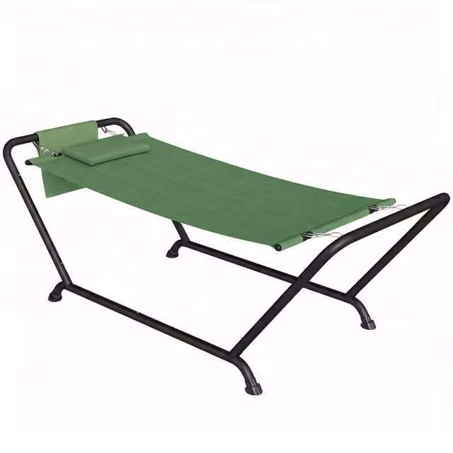 Hamaca Outsunny con Soporte Metálico y Reposacabezas Ajustable, Verde Oscuro, Al x An x P: 237 x 90 x 92 cm