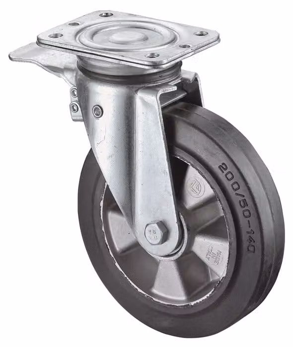 Rodillo de carga pesada BS con freno y rueda de goma maciza negra, diámetro 200 mm, capacidad de carga 450 kg, modelo L620.B80.200