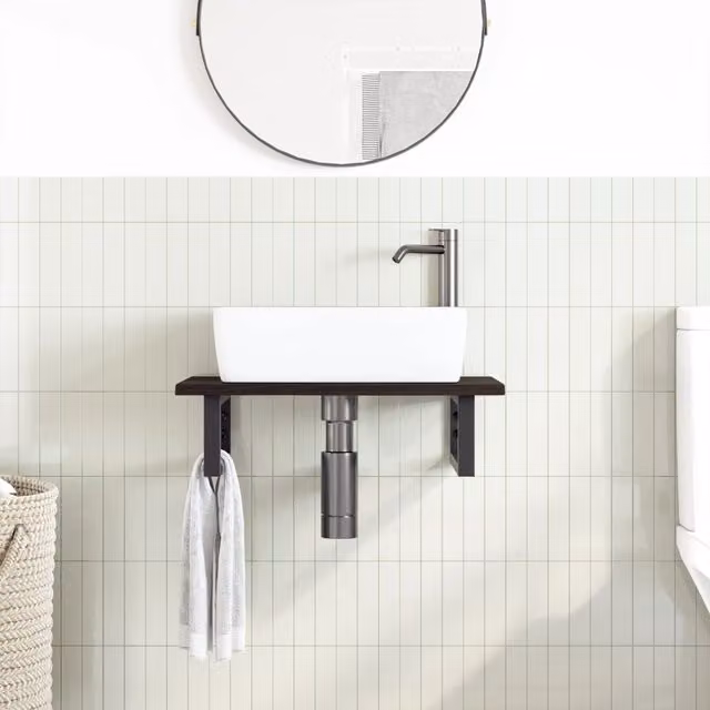 Estante de lavabo de pared SYFAX de madera de roble y metal en color marrón y negro para baño