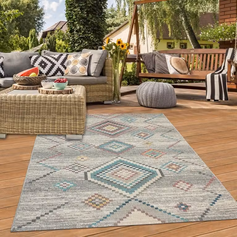 Alfombra Teppich-Traum con diseño geométrico moderno en tonos beige y verde, An/P: 240 x 290 cm