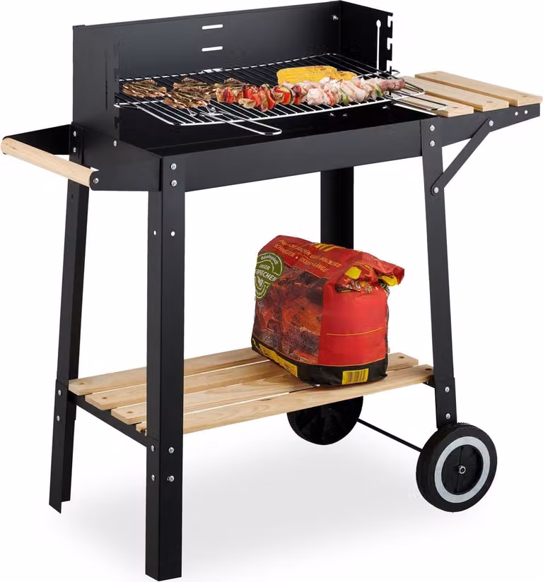 Carrito móvil para barbacoa de carbón Northix en color negro con ruedas y estantes, An/P/Al: 86,0 x 42,0 x 80,5 cm
