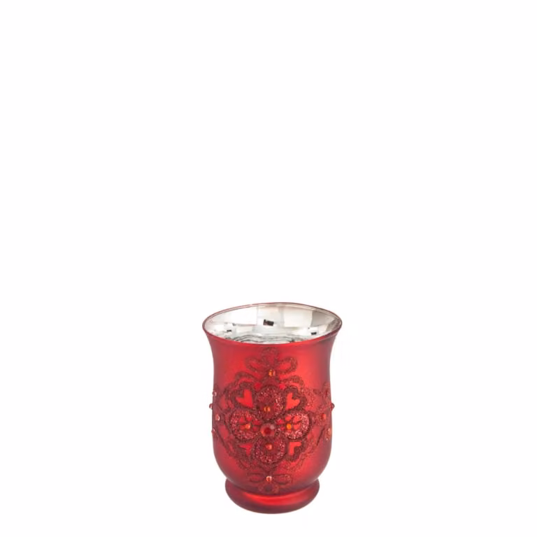 Portavelas decorativo de vidrio rojo Sia Deco para tealight con diseño floral redondo, Altura: 15 cm, Diámetro: 10,5 cm