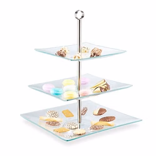 Soporte para tartas de 3 pisos cuadrado de Relaxdays para cupcakes, galletas y fruta, de acrílico y acero inoxidable, An/P/Al: 40 x 30 x 30 cm, transparente y plateado