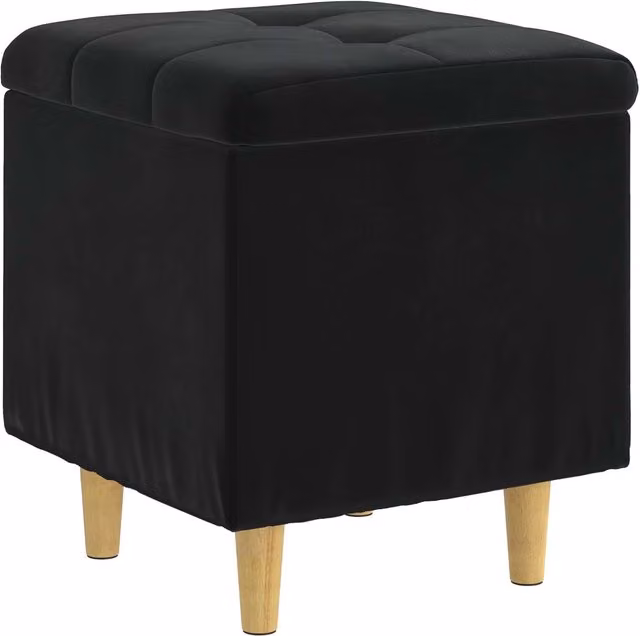 Otomano de almacenamiento SYFAX en terciopelo negro con estructura de madera, An/P/Al: 40 x 40 x 45 cm