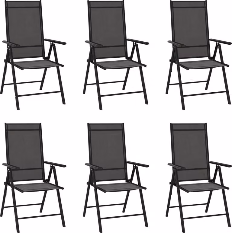 Set de 6 sillas de jardín plegables Syfax en textilene negro con reposabrazos y estructura de aluminio mate