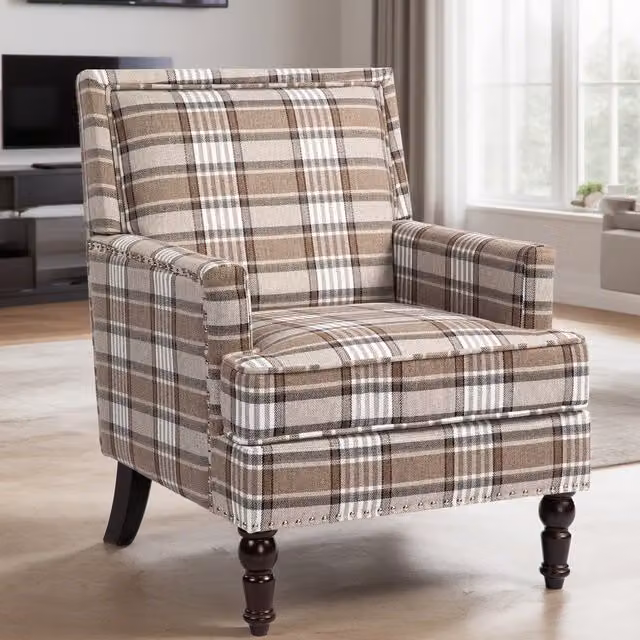 Sillón auxiliar MODFU con estructura de madera sólida y tapizado de lino y algodón en color marrón y blanco con diseño de rayas