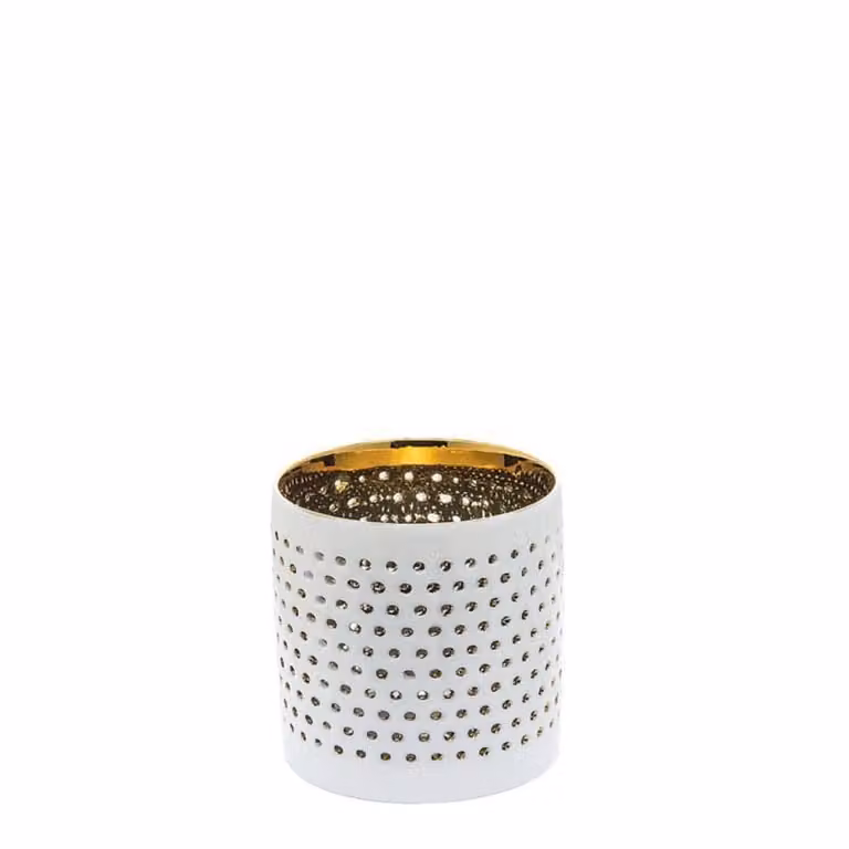 Portavelas de cristal Sia Deco con diseño de puntos en blanco y dorado para tealight, redondo, Altura: 7 cm