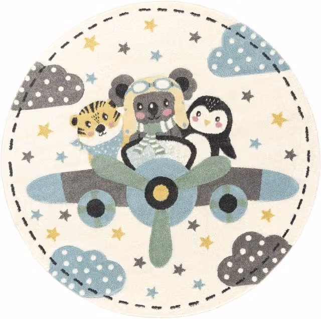 Alfombra infantil Pino redonda de color beige con diseño de animales y acabado antideslizante, Diámetro: 120 cm