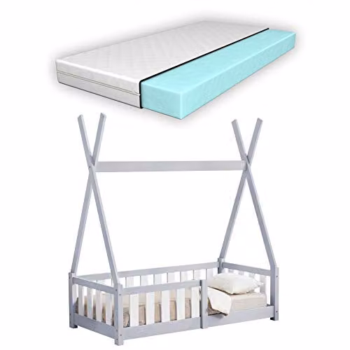Cama infantil tipo tipi en madera de pino con colchón de espuma y reja de seguridad en color gris claro de en.casa, An/P/Al: 140 x 70 x 76 cm