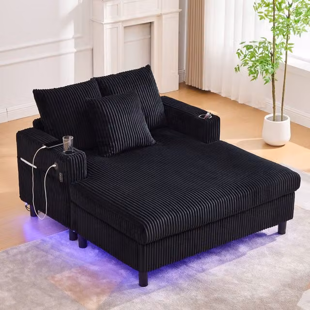 Chaise Longue MODENVIE en Pana Acanalada Negra con USB, LED Multicolor, Portavasos y Cojines, An/P/Al: 142 x 128 x 85 cm