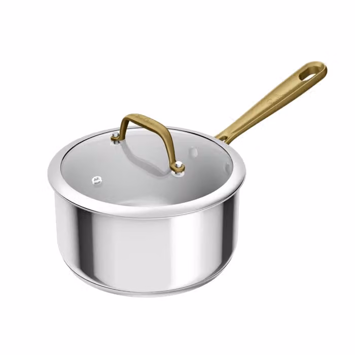 Cazo Tefal & Bocuse de acero inoxidable para inducción, sin revestimiento, color plata con mango dorado, Diámetro: 20 cm